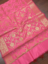 Pink Color Banarasi Floral Soft Silk dupatta with Muted Gold Zari Weaving | Light Weight Dupatta | Silk Dupatta | Stole | Gift For Her - Kaash