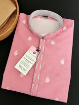 Pink men's kurta pajama in raw silk (non-pure) with self-weave design with cotton lining — Kaash Collection