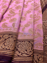 Pink with Wine pure khaddi georgette banarasi silk saree with antique copper zari weave — Kaash Collection