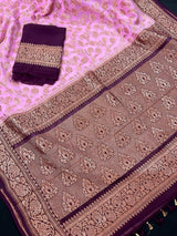 Pink with Wine pure khaddi georgette banarasi silk saree with antique copper zari weave — Kaash Collection