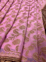 Pink with Wine pure khaddi georgette banarasi silk saree with antique copper zari weave — Kaash Collection