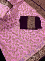 Pink Color Pure Khaddi Georgette Banarasi Silk Saree with Antique Copper Zari Weave | Pink and Wine Color Saree | SILK MARK CERTIFIED - Kaash