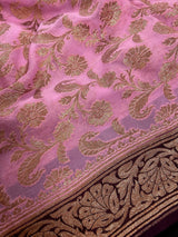 Pink Color Pure Khaddi Georgette Banarasi Silk Saree with Antique Copper Zari Weave | Pink and Wine Color Saree | SILK MARK CERTIFIED - Kaash