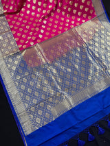 Pink with Blue Color Traditional Banarasi Handloom Silk Saree - Wide Border - Floral Butta - Banarasi Silk Saree - Kaash