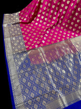 Pink with Blue Color Traditional Banarasi Handloom Silk Saree - Wide Border - Floral Butta - Banarasi Silk Saree - Kaash