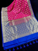 Pink with Blue Color Traditional Banarasi Handloom Silk Saree - Wide Border - Floral Butta - Banarasi Silk Saree - Kaash