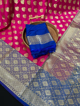 Pink with Blue Color Traditional Banarasi Handloom Silk Saree - Wide Border - Floral Butta - Banarasi Silk Saree - Kaash