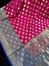 Pink with Blue Color Traditional Banarasi Handloom Silk Saree - Wide Border - Floral Butta - Banarasi Silk Saree - Kaash