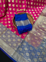 Pink with Blue Color Traditional Banarasi Handloom Silk Saree - Wide Border - Floral Butta - Banarasi Silk Saree - Kaash