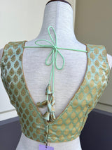 Pista Green Banarasi Sleeveless (Size 40) ready-to-wear blouse with gold buttis sleeveless with back tassels — Kaash Collection