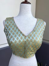 Pista Green Banarasi Sleeveless (Size 40) ready-to-wear blouse with gold buttis sleeveless with back tassels — Kaash Collection