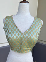 Pista Green Banarasi Sleeveless (Size 40) ready-to-wear blouse with gold buttis sleeveless with back tassels — Kaash Collection