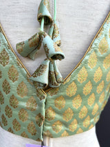 Pista Green Banarasi Sleeveless (Size 40) ready-to-wear blouse with gold buttis sleeveless with back tassels — Kaash Collection