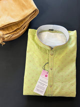 Pista Green men's kurta pajama in jute silk with self-weave design with zari weave — Kaash Collection