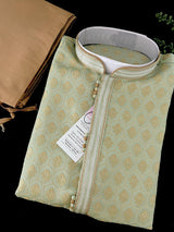 Pista Green Color Men Kurta Pajama Set with Floral Embossed Design in Gold in Banarasi Butter Soft Silk | Indian Wedding Outfit for Men - Kaash