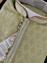 Pista Green Color Men Kurta Pajama Set with Floral Embossed Design in Gold in Banarasi Butter Soft Silk | Indian Wedding Outfit for Men - Kaash