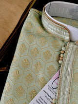 Pista Green Color Men Kurta Pajama Set with Floral Embossed Design in Gold in Banarasi Butter Soft Silk | Indian Wedding Outfit for Men - Kaash