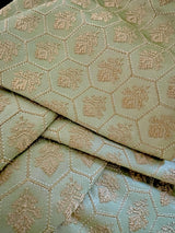 Pista Green Color Men Kurta Pajama Set with Floral Embossed Design in Gold in Banarasi Butter Soft Silk | Indian Wedding Outfit for Men - Kaash