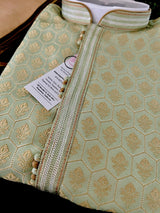 Pista Green Color Men Kurta Pajama Set with Floral Embossed Design in Gold in Banarasi Butter Soft Silk | Indian Wedding Outfit for Men - Kaash