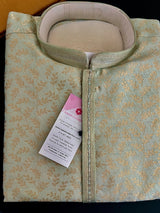 Pista Green Color Men Kurta Pajama with Floral Jaal in Gold | Men Ethnic Wear | Indian Pakistani Men Wear | Sherwani Style Kurta with Lining - Kaash