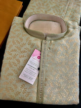 Pista Green Color Men Kurta Pajama with Floral Jaal in Gold | Men Ethnic Wear | Indian Pakistani Men Wear | Sherwani Style Kurta with Lining - Kaash