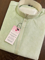 Pastel Pista Green men's kurta pajama in silk (non-pure) with self-weave designer material — Kaash Collection