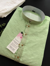 Pista Green Men’s Kurta Pajama in Raw Silk with Self Design - Kaash