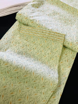 Pista Green men's kurta pajama in soft silk with gold & green patterns with handwork neckline — Kaash Collection