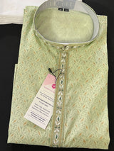 Pista Green men's kurta pajama in soft silk with gold & green patterns with handwork neckline — Kaash Collection