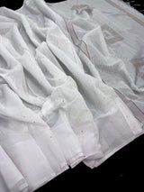 Plain White Color Handloom Linen Saree with Copperish Gold Zari and tiny Sequins - Kaash