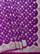 Plum Purple Banarasi saree in handloom banarasi mashru saree with muted gold zari on handloom mashru — Kaash Collection