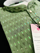 Green men's kurta pajama in premium silk with all-over sequin & embroidery on premium silk — Kaash Collection