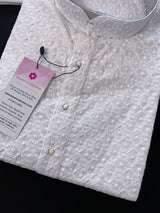 Pure White men's kurta pajama in pure cotton with full lucknowi chikankari embroidery (no lining, semi-transparent) — Kaash Collection