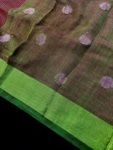 Pure Handloom Linen Saree | Magenta Pink & Green Gicha Buttis, Zari Border - Kaash