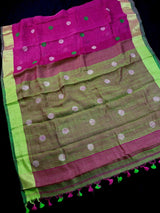 Pure Handloom Linen Saree | Magenta Pink & Green Gicha Buttis, Zari Border - Kaash