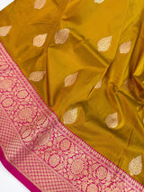 Pure Katan Silk Saree Fenugreek Color with Hot Pink Color Border and Pallu - Kaash