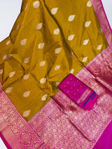 Pure Katan Silk Saree Fenugreek Color with Hot Pink Color Border and Pallu - Kaash