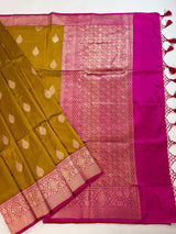 Pure Katan Silk Saree Fenugreek Color with Hot Pink Color Border and Pallu - Kaash