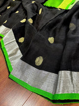 Black & Parrot Green Khaadi Cotton Linen saree in pure khaadi cotton blend with linen with silver zari borders with gicha buttas — Kaash Collection