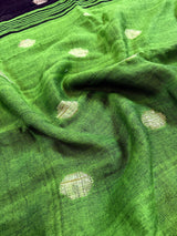 Black & Parrot Green Khaadi Cotton Linen saree in pure khaadi cotton blend with linen with silver zari borders with gicha buttas — Kaash Collection