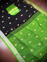 Pure Khaadi Cotton blend with Linen in Black and Parrot Green Color Saree with Sliver Zari Borders | Cotton and Linen Sarees - Kaash