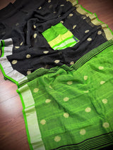 Pure Khaadi Cotton blend with Linen in Black and Parrot Green Color Saree with Sliver Zari Borders | Cotton and Linen Sarees - Kaash