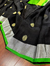 Pure Khaadi Cotton blend with Linen in Black and Parrot Green Color Saree with Sliver Zari Borders | Cotton and Linen Sarees - Kaash