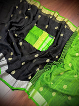 Pure Khaadi Cotton blend with Linen in Black and Parrot Green Color Saree with Sliver Zari Borders | Cotton and Linen Sarees - Kaash