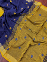 Blue & Mehendi Green Khaadi Linen saree in pure khaadi cotton blend with linen with silver zari borders with gicha thread buttas — Kaash Collection