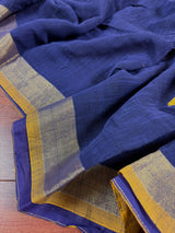 Blue & Mehendi Green Khaadi Linen saree in pure khaadi cotton blend with linen with silver zari borders with gicha thread buttas — Kaash Collection