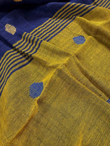 Blue & Mehendi Green Khaadi Linen saree in pure khaadi cotton blend with linen with silver zari borders with gicha thread buttas — Kaash Collection