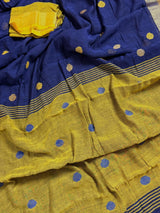 Blue & Mehendi Green Khaadi Linen saree in pure khaadi cotton blend with linen with silver zari borders with gicha thread buttas — Kaash Collection