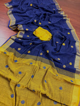 Pure Khaadi Cotton blend with Linen in Blue and Mehani Green Color Saree with Sliver Zari Borders | Cotton and Linen Sarees - Kaash