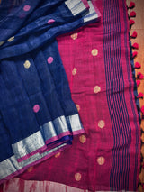 Navy Blue & Purple Pink Khaadi Cotton Linen saree in pure khaadi cotton blend with linen with silver zari borders with gicha thread buttas — Kaash Collection